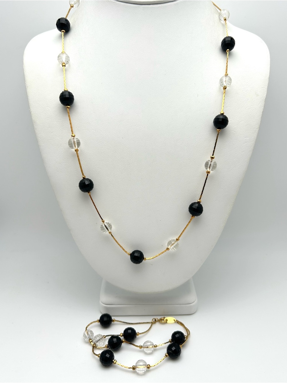 Trifari Vintage Black and Clear Faceted Beaded Necklace and Bracelet